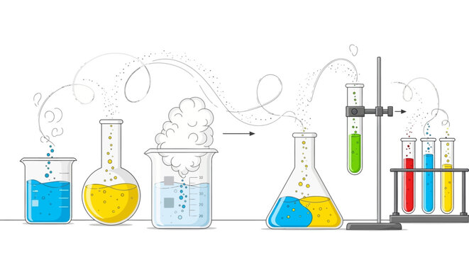 Illustration of a scientific experiment with various beakers and colorful liquids reacting