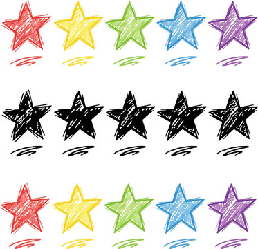 Hand-drawn colorful stars with rating tails in vector style isolated on transparent background, Vector