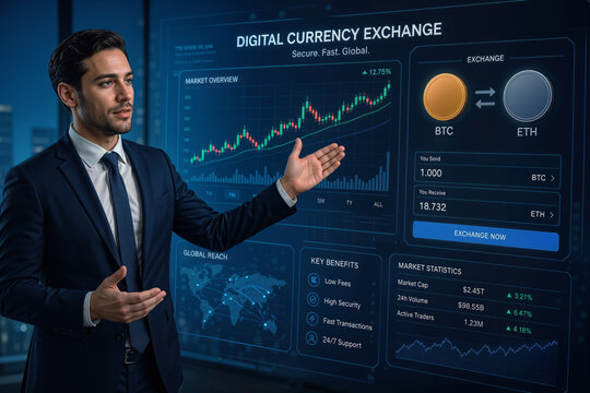 Businessman presenting digital currency exchange concept with Bitcoin BTC and Ethereum ETH market overview charts global reach security and trading platform interface for fintech investment