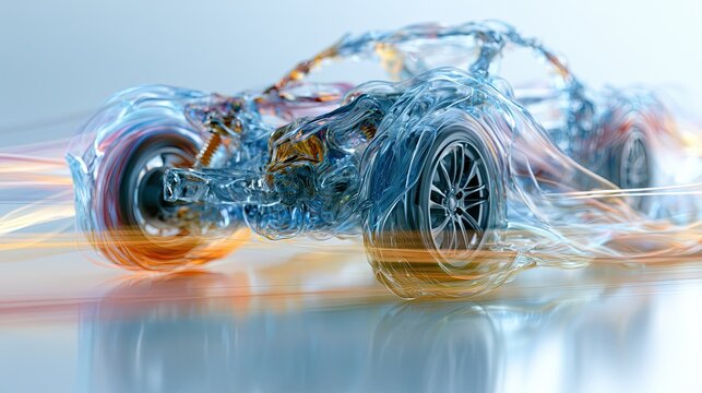 Translucent liquid glass car chassis with soft pastel aerodynamic lines.