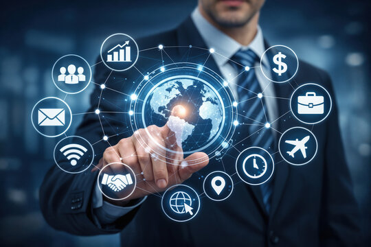 Businessman in suit interacting with digital global business icons touchscreen network globe commerce finance travel communication technology connectivity
