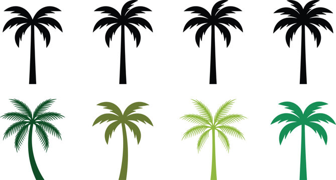 Tropical Palm Tree Silhouette Vector Icon Set Featuring Black and Green Coconut Palms for Beach Summer Vacation Web Designs and Logo Layouts