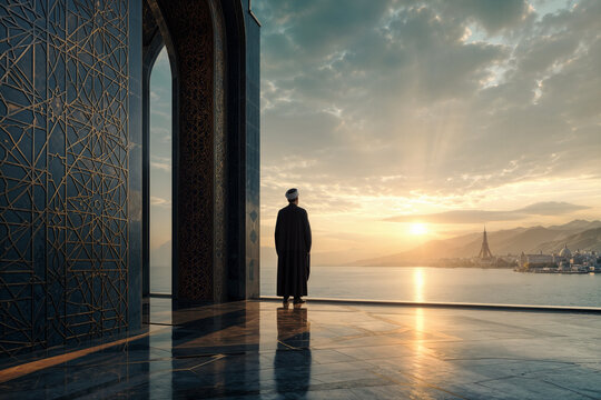 Iran politics power transition visionary leader silhouette on balcony overlooking Tehran coastline at dawn Council of Guardians transitional council diplomacy and regional stability concept
