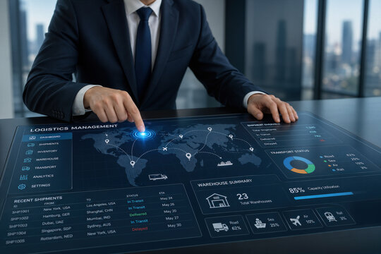 Businessman interacting with digital logistics management interface on table global supply chain map warehouse summary transport routes analytics dashboard touchscreen