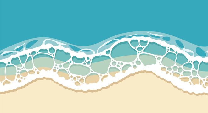 Abstract beach background vector illustration with turquoise ocean waves and foam border