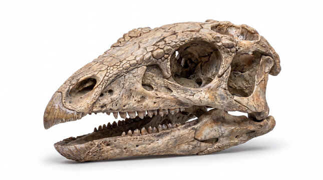 Close-up of Scutellosaurus lawleri skull showing detailed cranial anatomy, bone texture and accurate scientific paleontological reconstruction isolated on white background