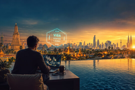 Digital nomad rooftop infinity pool with laptop holographic ASEAN map and translucent visa stamp symbolizing unified visa and regional connectivity across ten Southeast Asia nations golden hour