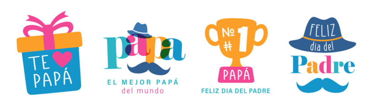 Te amo Papa, colorful spanish badges collection with gift, colored letters, hat, mustache and cup. Translation - I love you Dad, Best Dad in the word, Papa #1, Happy Fathers Day. Feliz dia del Padre