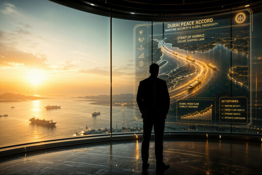 Dubai Peace Accord strategic maritime security hologram over Strait of Hormuz showing secure shipping lane and revived global energy flow diplomacy silhouette at golden hour