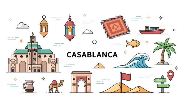Casablanca landmarks and icons: mosque, lanterns, camel, and palm tree illustrations