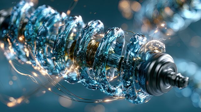Abstract liquid glass suspension coil compressing softly under light.