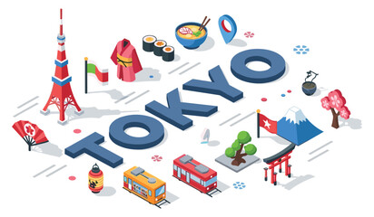 Naklejka premium Isometric tokyo landmarks and symbols: tower, sushi, kimono, cherry blossoms