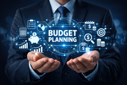 Businessman holding digital budget planning interface with financial icons piggy bank charts calculator dollar coins and investment concept for corporate finance strategy and expense management