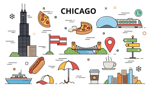 Colorful illustrated icons of chicago landmarks and symbols