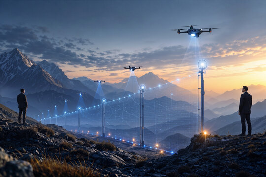India China digital border agreement visualized as AI powered translucent data fence with drone beacons sensor nodes and distant government silhouettes symbolism