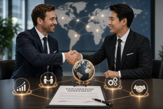 Global partnership agreement handshake between two businessmen over globe and collaborative icons business people contract international deal alliance corporate cooperation negotiation network