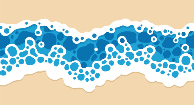 Blue wave background vector illustration with bubbly foam border on beige