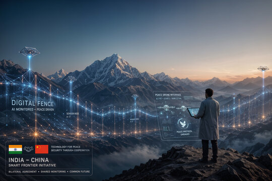 India China smart frontier digital fence with AI monitoring and peace drone hologram tablet showing bilateral agreement cooperative defense on Himalayan border strategic technology
