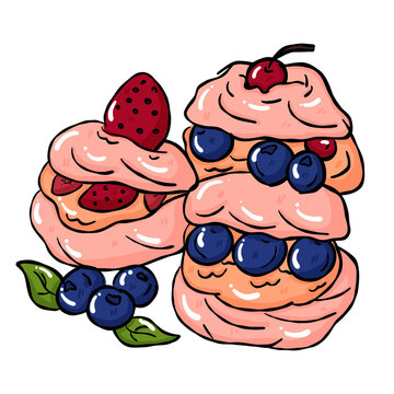 Hand draw cozy sweet food illustration featuring berry pastry with cream topping