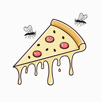 Cartoon Slice of Pizza with Flies
