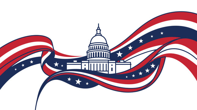 American Capitol building surrounded by wavy patriotic banners.