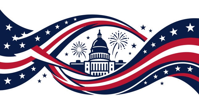 Capitol building centered in a patriotic flag ribbon loop.