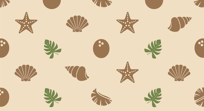 Seamless seashell beach background vector illustration in beige color