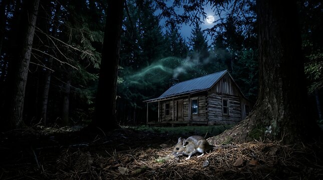 Mysterious nighttime forest scene with a rustic wooden cabin and small rodent in moonlight ambiance