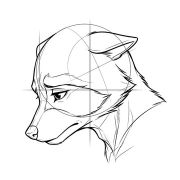 Hand drawn sketch of male furry raccoon head base in side profile view showing sad expression isolated on white background. Anime illustration.
