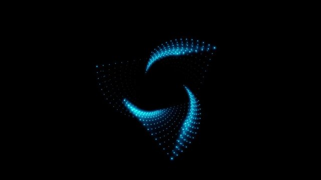 A rotating isosceles blue neon 3D triangle composed of small, alternately glowing dots isolated on a black background. Sacred geometry. 4K loop animation at 60 fps.