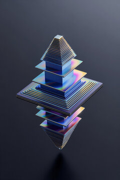 Geometric structure composed of stacked translucent squares and fine parallel ridges forms a diamond shape. Iridescent light reflects across thin prismatic layers against dark gray space.