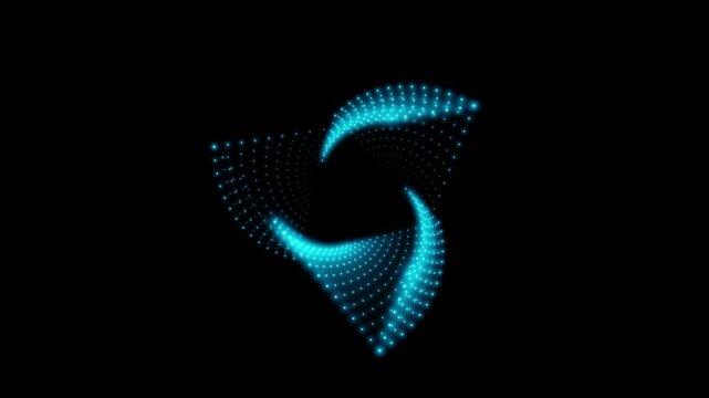 A rotating isosceles blue neon 3D triangle composed of small, alternately glowing dots. 4K loop animation at 60 fps.