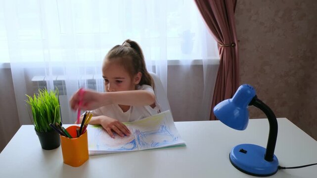 Child doing homework, home education learning concept