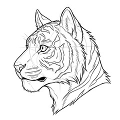 Obraz premium Hand drawn sketch of male furry tiger head base in side profile view showing curious expression isolated on white background. Anime illustration.