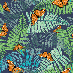 Obraz premium ferns and butterflies seamless pattern illustration