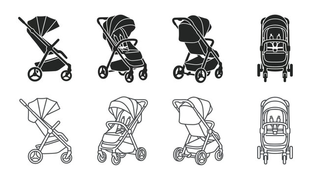 baby stroller icons black and white line art set