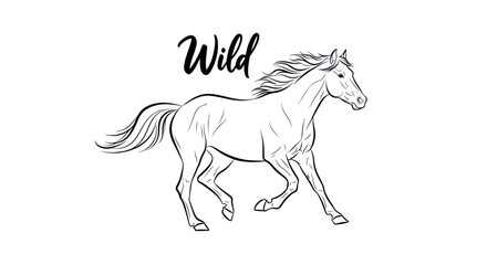 Stylized line art of a running wild horse with flowing mane and tail, white background © Soheh