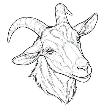 Hand drawn sketch of male furry goat head base in 3/4 view showing curious expression isolated on white background. Anime illustration.
