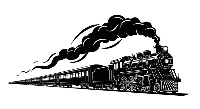 Vintage Steam Train Locomotive with Passenger Cars, Black and White Silhouette