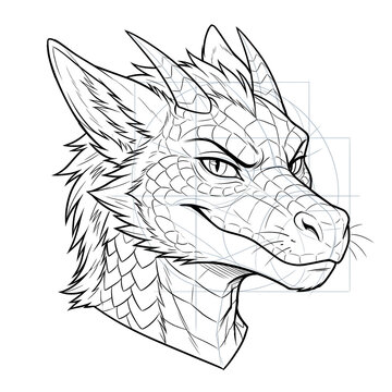 Hand drawn sketch of male furry kobold head base in 3/4 view showing sneaky expression isolated on white background. Anime illustration.