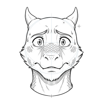 Hand drawn sketch of male furry kobold head base in front view showing scared expression isolated on white background. Anime illustration.