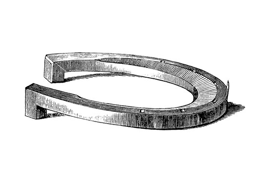Vintage horseshoe with cross-hatch shading, black and white craftsmanship illustration, old vintage illustration, 1889.