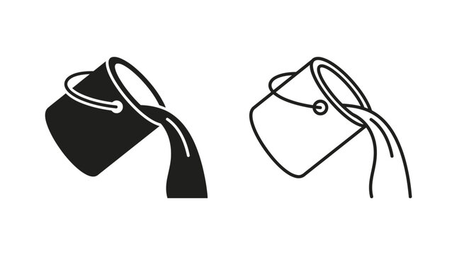 bucket silhouette with pouring liquid black and white outline