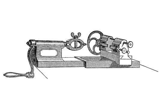 Screw-cutting machine for traction studs, vintage technical engraving, old vintage illustration, 1889.