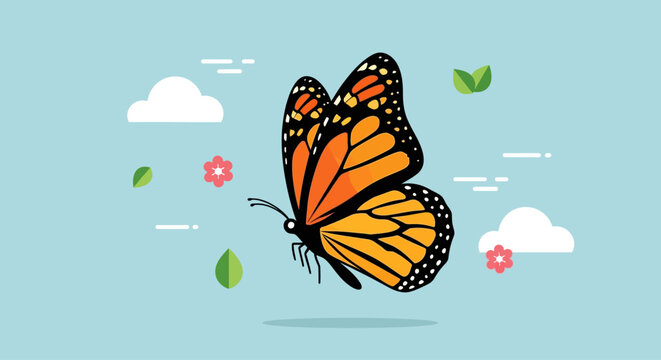 Monarch butterfly flying in a spring sky with clouds and flowers.