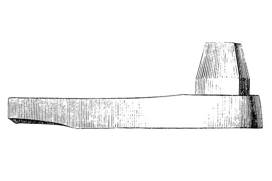Arm end of a screw calk shoe with inserted blunt calk, black and white side-view engraving, old vintage illustration, 1889.