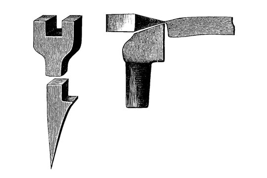 Upper and lower ends of the gauging tool, anvil position, mortise and tenon joinery technique, detailed vintage woodworking illustration, old vintage illustration, 1889.