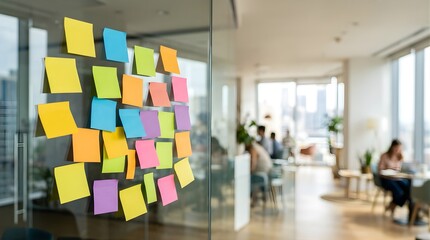 Fototapeta premium Colorful adhesive notes on a glass wall in a bright professional office