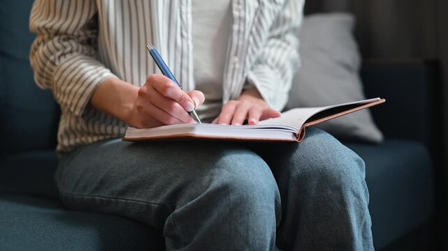 A person sits on a couch, writing in a notebook with a pen. The individual appears focused and engaged in the task, suggesting a moment of creativity or reflection