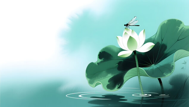 Oriental ink painting of white lotus for Xiaoshu solar term